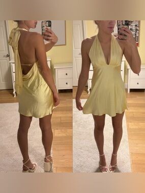Halter-Neck Satin Mini Dress in Pale Yellow